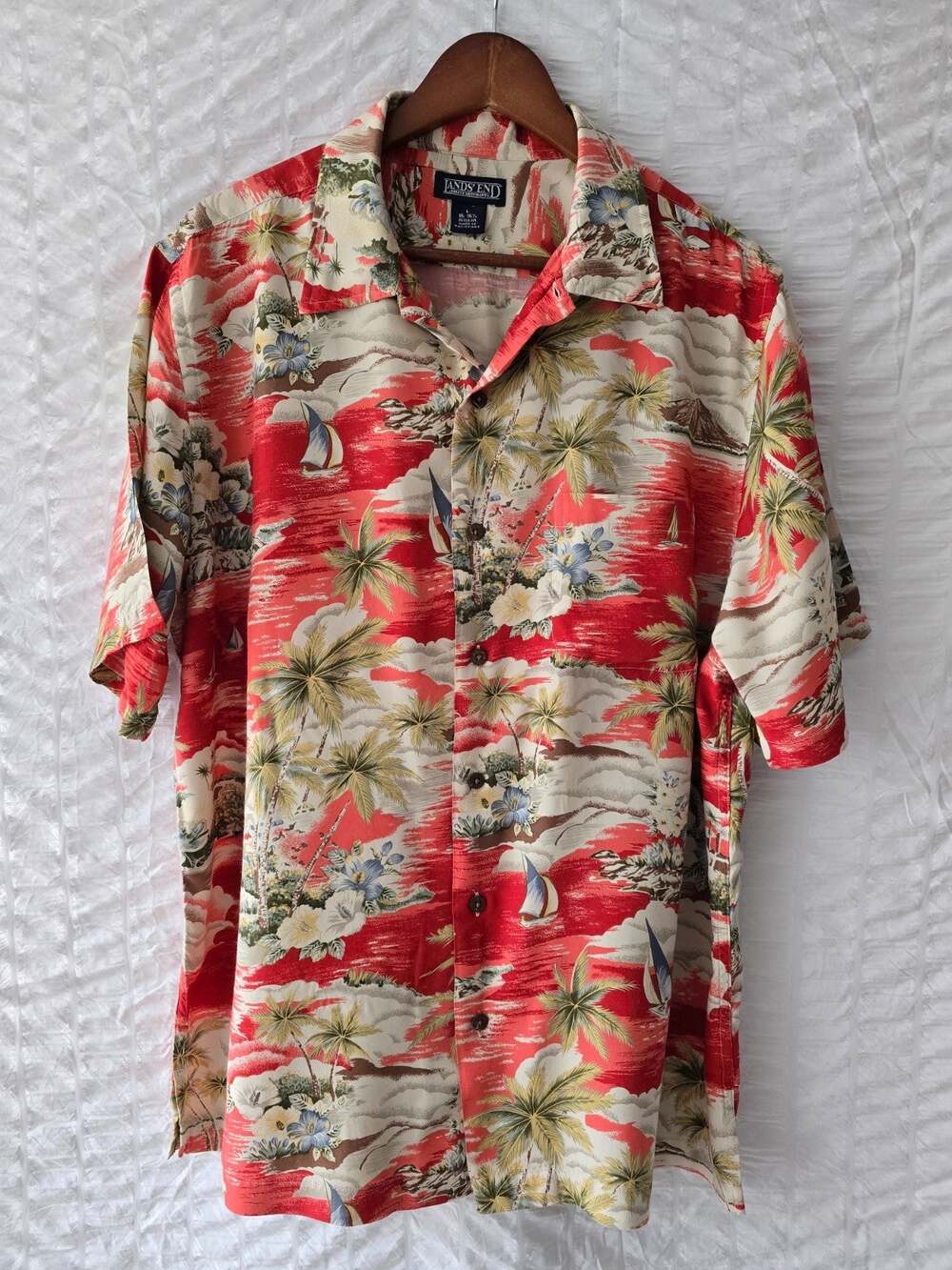 Mens Lands End Hawaiian Rayon Button Down Shirt Size L
